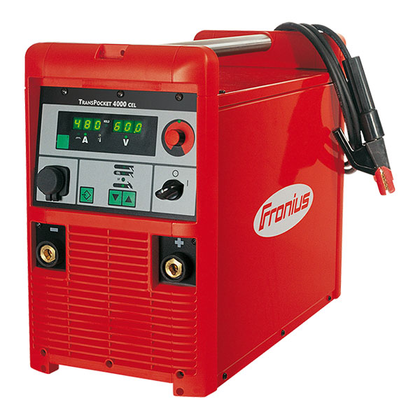 Transpocket 4000 CEL MMA welding machine in red casing, designed for powerful and precise welding applications.